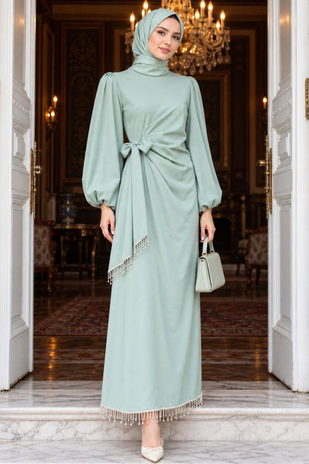 Balon Kol Mint Hijab Evening Dress 62251Mint