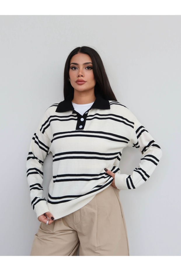 Striped Button Detail Knitwear Sweater