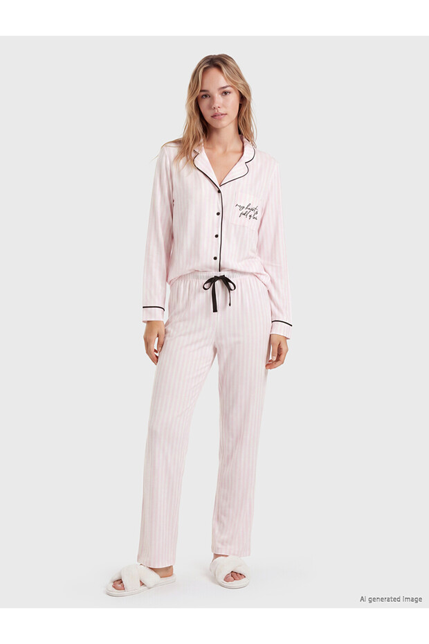 Two Mt Shop Quality Lcw Dream Ecru Combed Cotton Striped Long Sleeve Women's Pajama Set