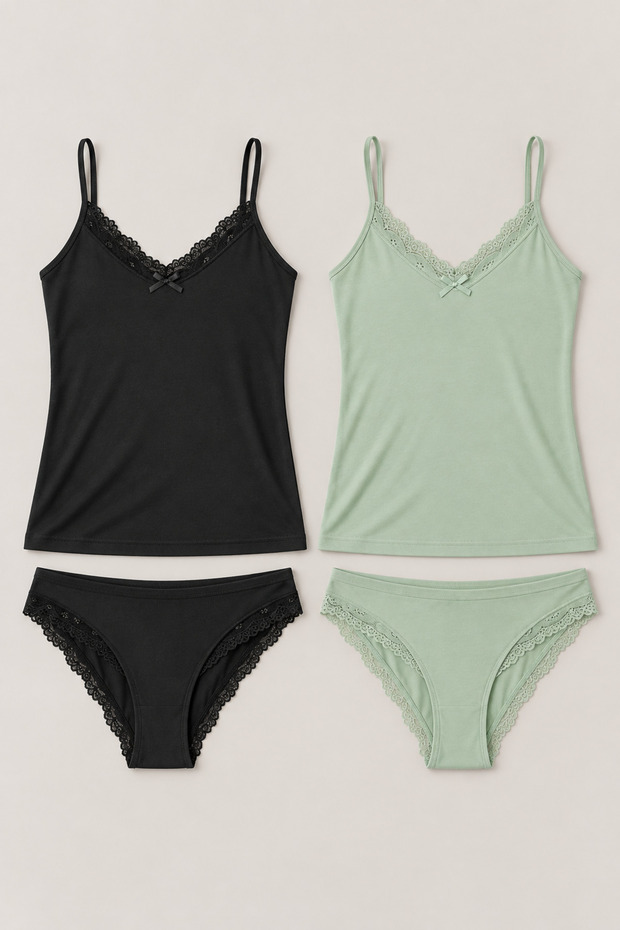 2-Piece Women's Lace Rope Strap Cotton Athlete Panties Underwear Set Black-Green