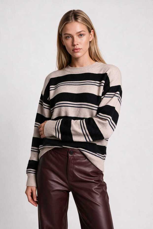 Striped Oversize Knitwear Sweater 4302 Lki̇0076 Stone Black