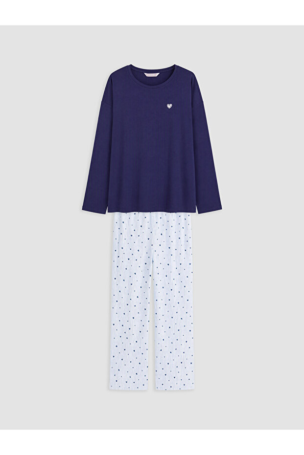 Two Mt Shop Quality Lcw Dream Blue Combed Cotton Patterned Long Sleeve Women's Pajama Set