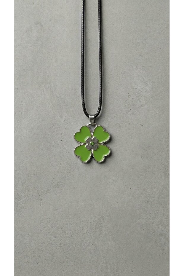 Adjustable Leather Cord Necklace with Green Enamel Four-Leaf Lucky Clover Figure
