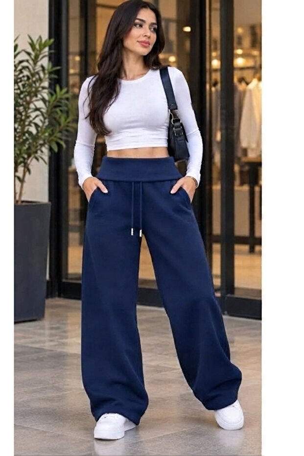 Trend Back Double Pocket Belted Waistband Foldable Waist Detail 3-Striped Palazzo Sweatpants with Cuff Stoppers