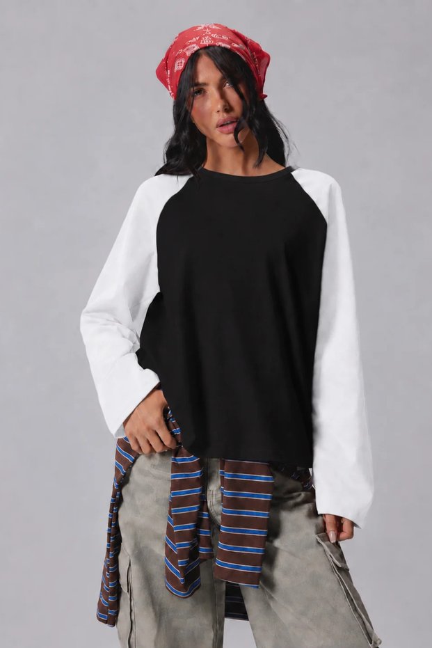 Women's Oversize Contrast Sleeve Raglan Crew Neck Drop Shoulder T-Shirt