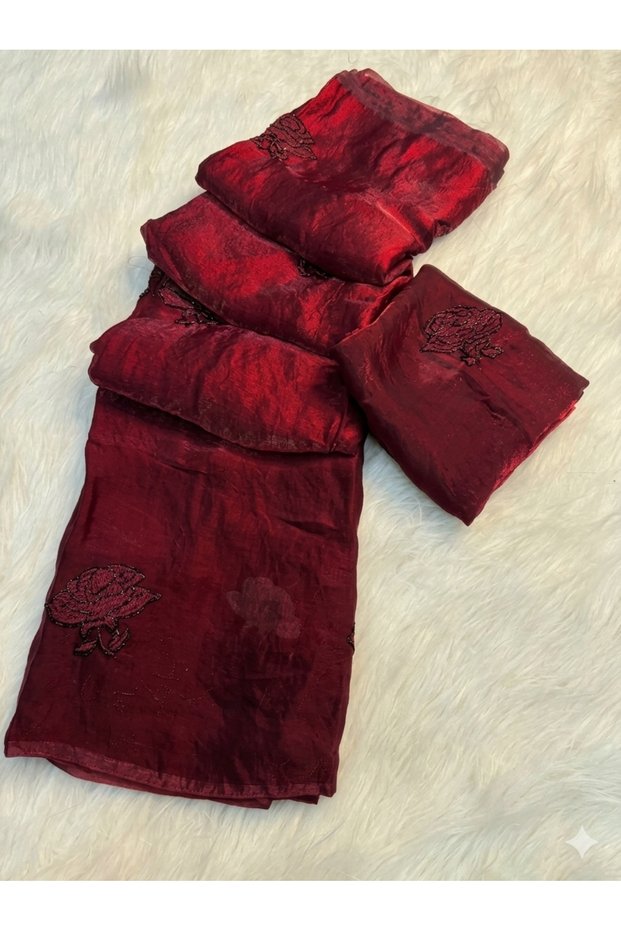 Maroon Space Fendy Silk Floral Embroidered Saree - KTS101614 | Maroon