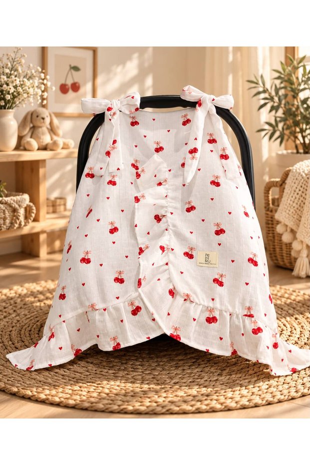 Muslin Cherry Patterned Stroller Cover with Ruffle Detail