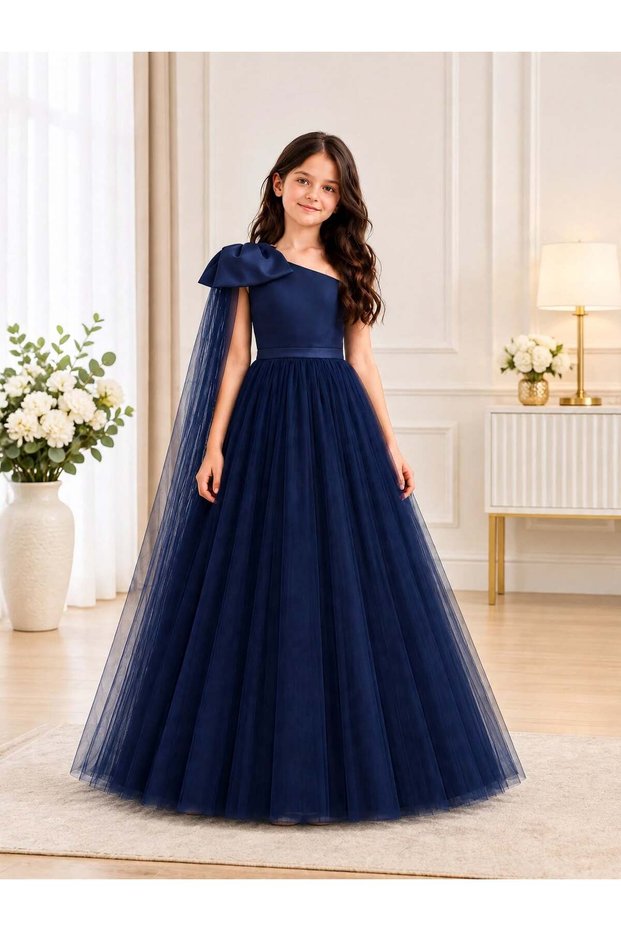 Girls' One-Shoulder Bow Cape Long Tulle Evening Gown - Ball Gown Style Wedding Graduation Dress