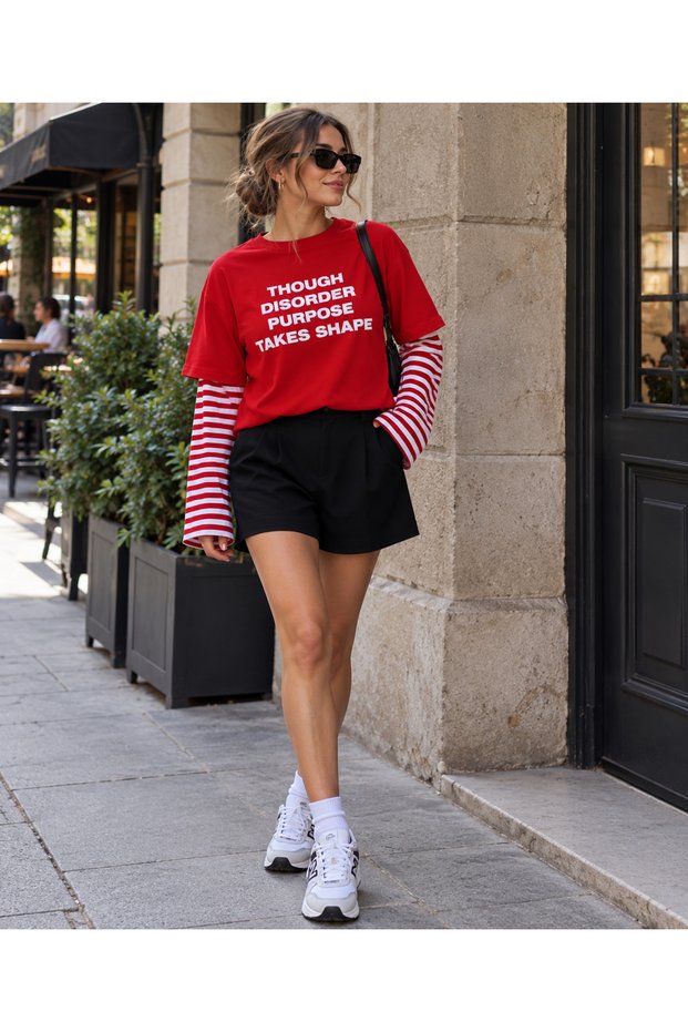 Women's Print Detailed Striped Sleeves Layered Look Crew Neck Casual Long Sleeve Sweatshirt