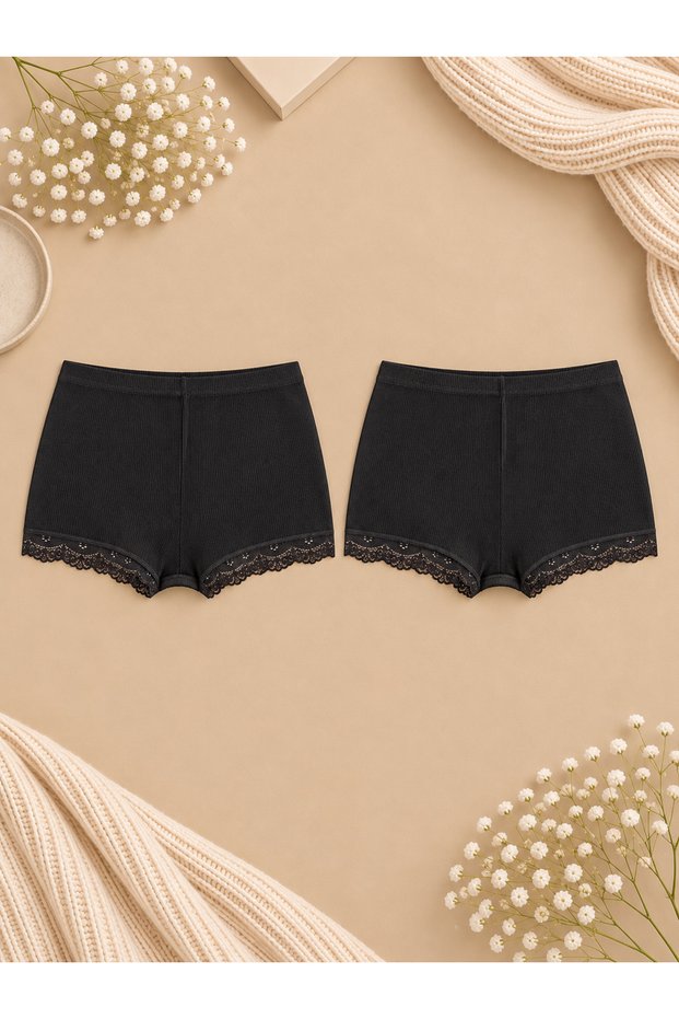 2-Piece Women's Lace Cotton Combed Cotton Camisole Boxer Shorts Panties Black