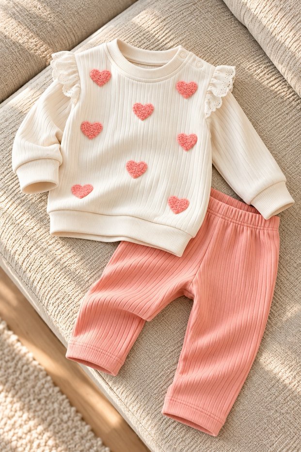 Baby Girl Heart Detailed Ruffle Sleeve 2-Piece Top and Bottom Set Seasonal