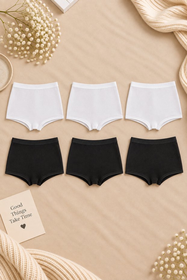 6-Pack Women's Extra High Waist Gathering Cotton Modal Panties Black-White