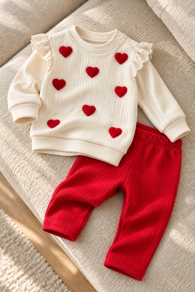 Baby Girl Heart Detailed Ruffle Sleeve 2-Piece Top and Bottom Set Seasonal