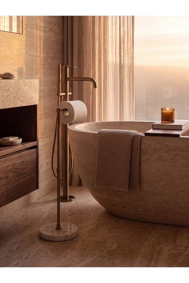 Marble Based | Standing Toilet Paper Holder | Antique Gold Chrome Body
