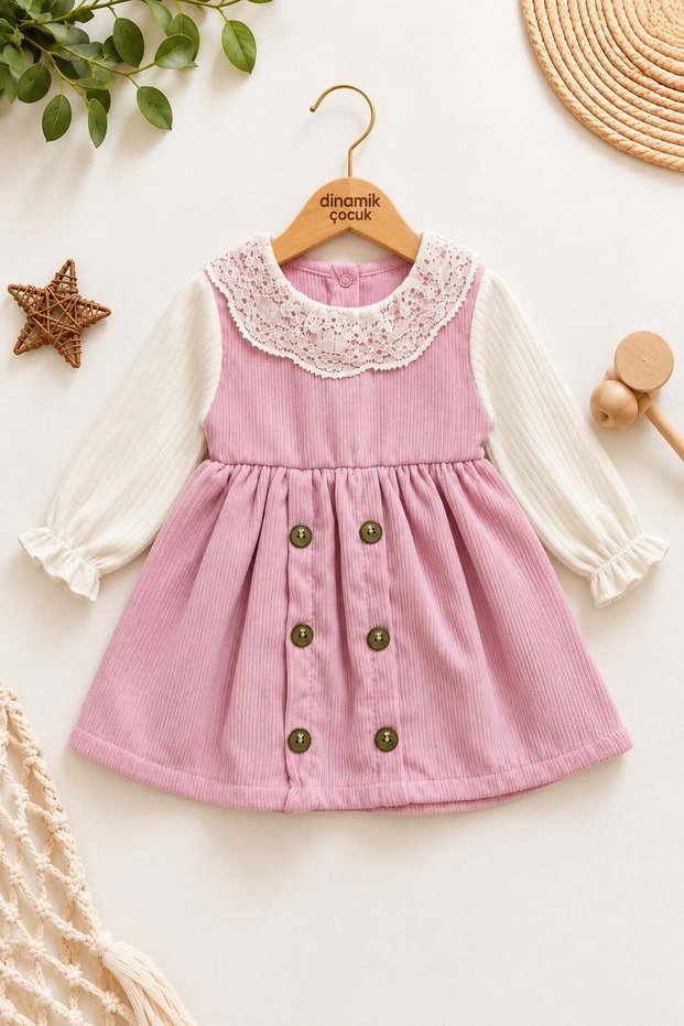 Baby girl lace collar ribbed velvet long sleeve button detailed seasonal dress 3-6-9-12-18 months