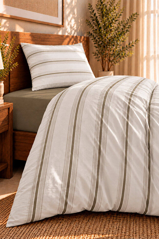 100% Cotton 160 Tc (63 Thread) Single Duvet Cover Set with Green Stripes