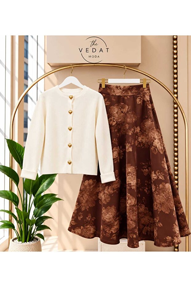 Women's Heart Buttoned Knitwear Cardigan - Patterned Scuba Skirt Set -0500