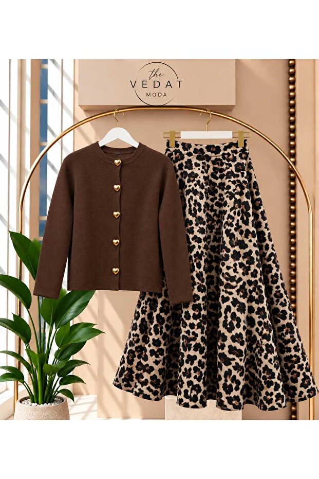 Women's Heart Buttoned Knitwear Cardigan - Leopard Patterned Puff Scuba Set -0500