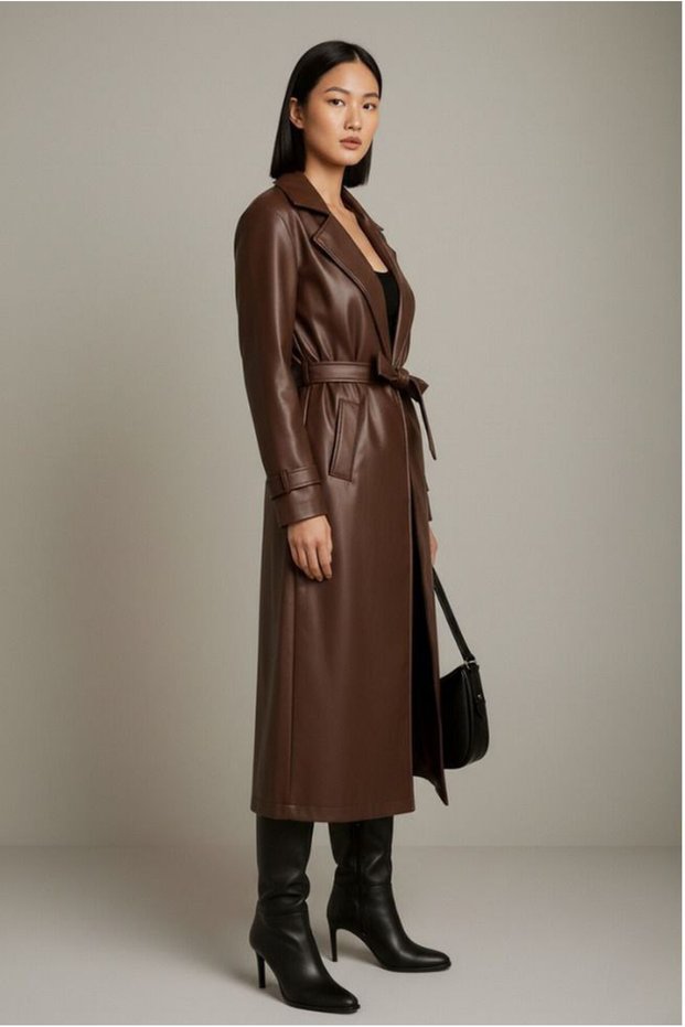 Women's Padded, Pocketed, Lined Leather Trench Coat with Epaulet Detail on the Sleeves
