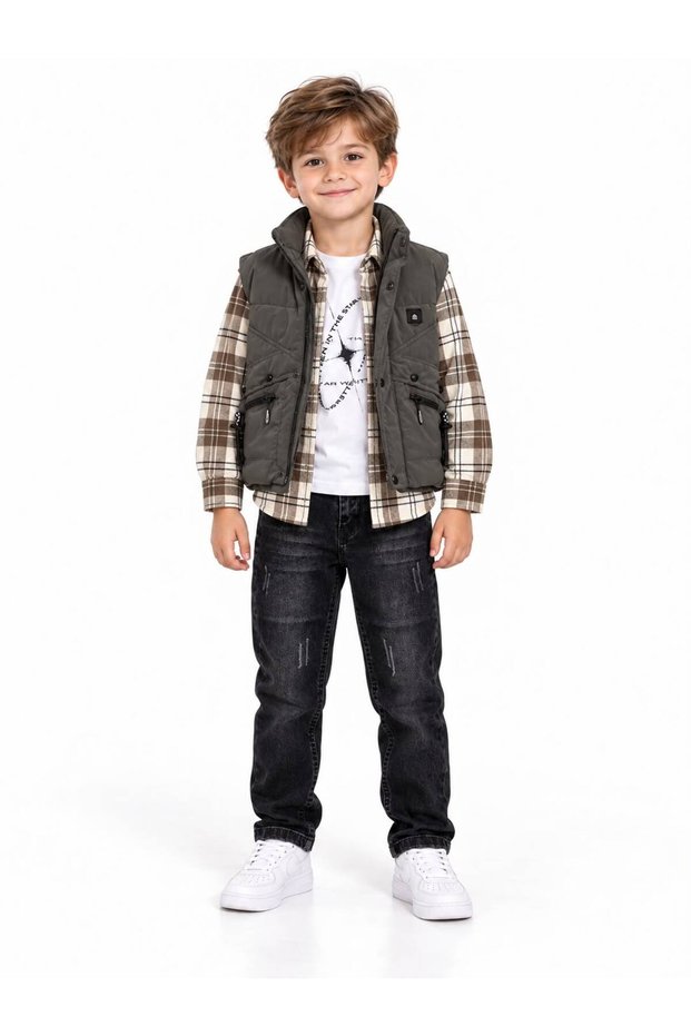 Boy's 4-Piece Trend Set with Shirt, Vest, T-Shirt and Jeans