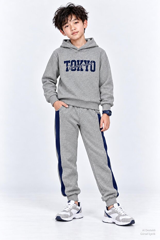 Boy's Front and Back Printed Hooded Winter Tracksuit Set