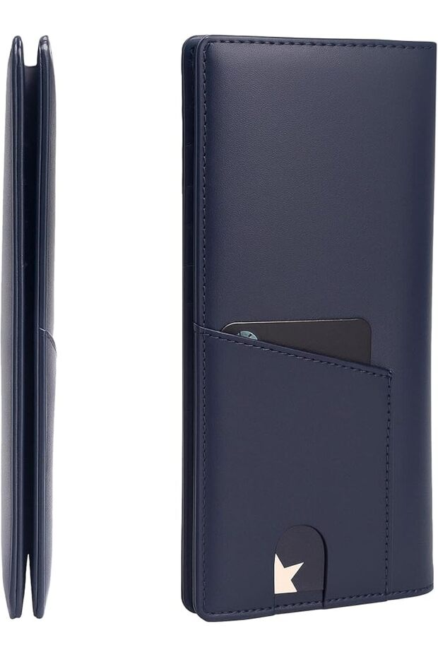 محفظة طويلة نحيفة للرجال من Alldaily، محفظة جلدية مزودة بخاصية حجب RFID مع نافذة لبطاقة الهوية.