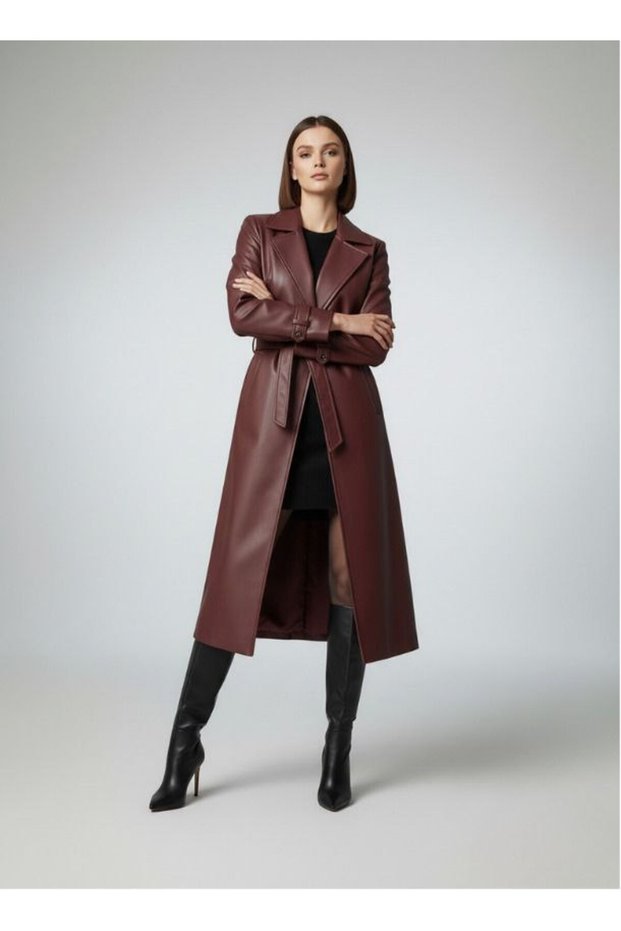 Women's Padded, Pocketed, Lined Leather Trench Coat with Epaulet Detail on the Sleeves
