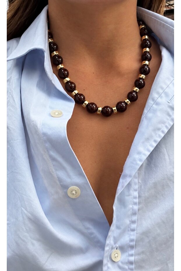 Brown Women's Necklace – Vintage Pinterest Necklace with Gold Detail and Chunky Beads