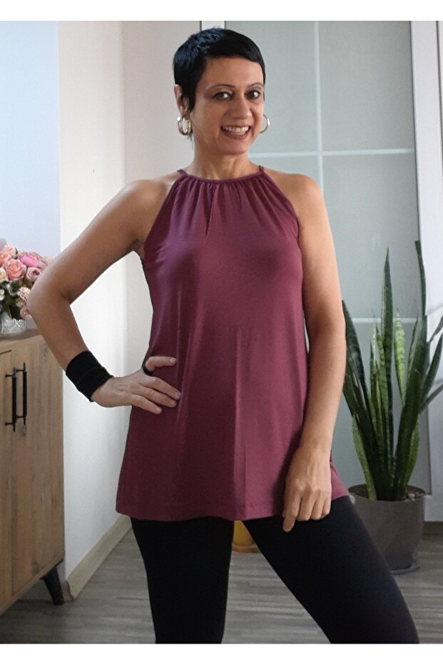 Dark Fuchsia Broderie Anglaise Front Collar Gathered Crew Neck Sleeveless Off-The-Shoulder Combed Viscose T-Shirt