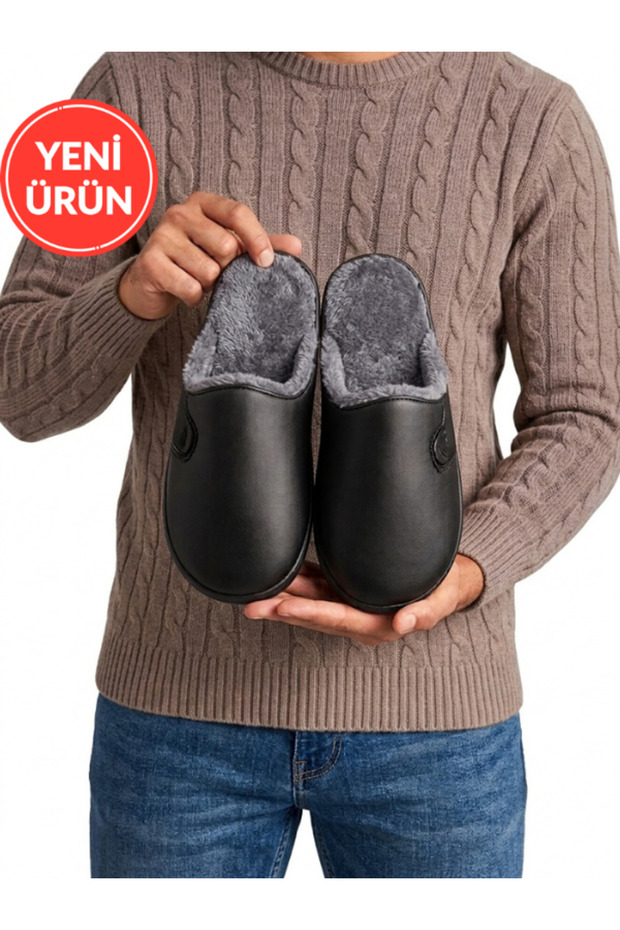 Men's House Slippers Black Leather with Fur Inside Plush Warm Sole Winter Comfortable Slippers Dowry Slippers Stc1374