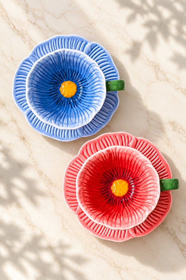 Set of 2 Colorful Lotus Flower Patterned Porcelain Turkish Coffee Cups – Coffee Presentation Set with Saucers