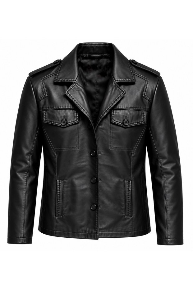 Men's Black Genuine Leather Jacket – Classic Collar, Apollet Detail, Button-Up Pocket Detail