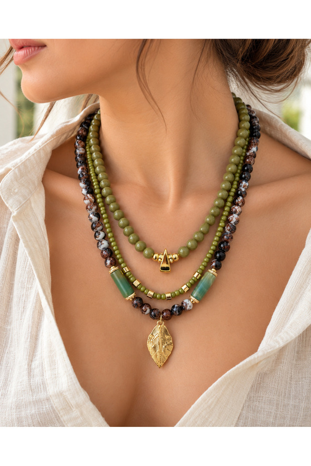 Women's Green Multi-Row Bead Necklace with Gold Leaf End and Stone Detailed Design