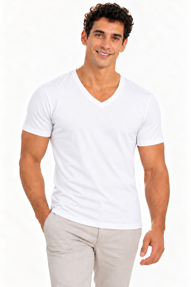 Men's V-Neck Short Sleeve Cotton Basic T-Shirt - Flexible Comfort Fit Breathable Casual Sports T-Shirt