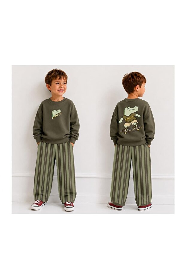 Boys' 3-Thread Cotton Crocodile Print Sweatshirt Striped Pants Set