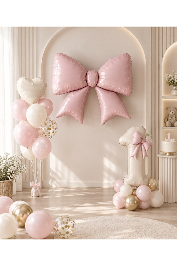 1 Year Old Pink Bow Concept Birthday Balloon Set | 30 Balloons + Number Foil + Bow Foil Balloon