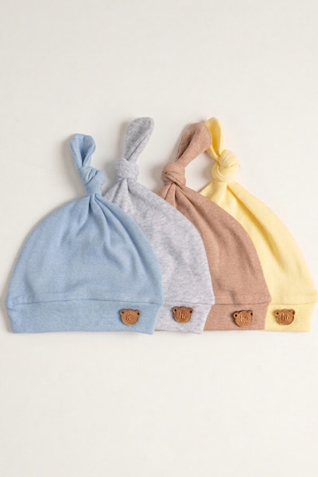 Unisex Baby 100% Cotton Interlock Peak Knotted Teddy Bear Embroidered Newborn Beanie Hat Set of 4 0-6 Months