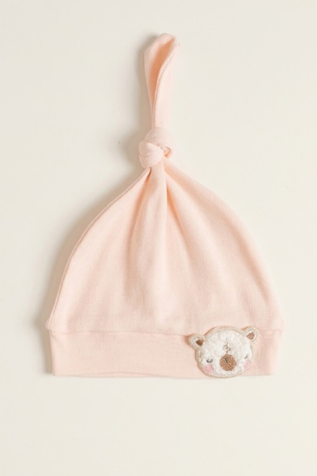 Unisex Baby 100% Cotton Interlock Peak Knot Towel Embroidered Teddy Bear Beanie Hat 0-6 Months