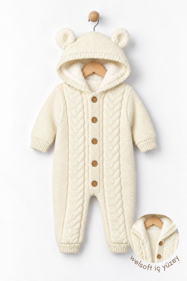 Girl Boy Baby Hooded Welsoft Knitwear Newborn Jumpsuit Knitted Button Detailed Winter Outfit