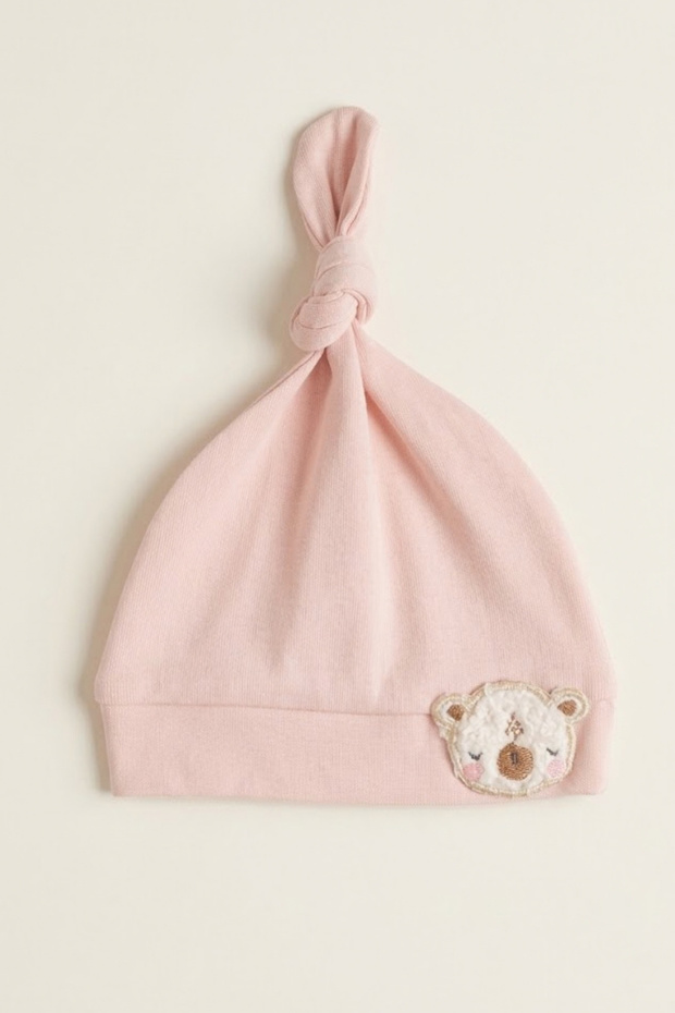 Unisex Baby 100% Cotton Interlock Peak Knot Towel Embroidered Teddy Bear Beanie Hat 0-6 Months