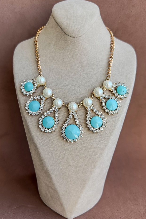 Gold Chain Pearl Detailed Turquoise Drop Stone Zircon Framed Collar Necklace
