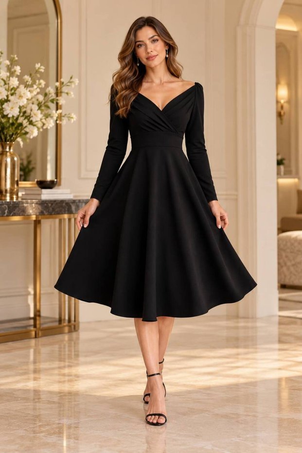 Women's Long Sleeve Double Breasted Collared Pleated Midi Dress