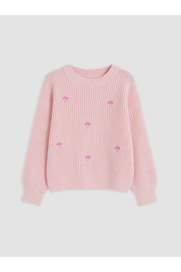 Two Mt Shop Quality Lcw Kids Pink Embroidered Oval Collar Girls' Sweater
