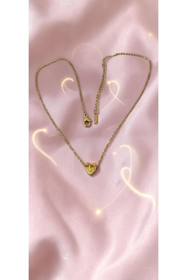 Gold Color -L- Letter Heart Detailed Minimal Thin Chain Steel Necklace -Tarnish Resistant-45Cm