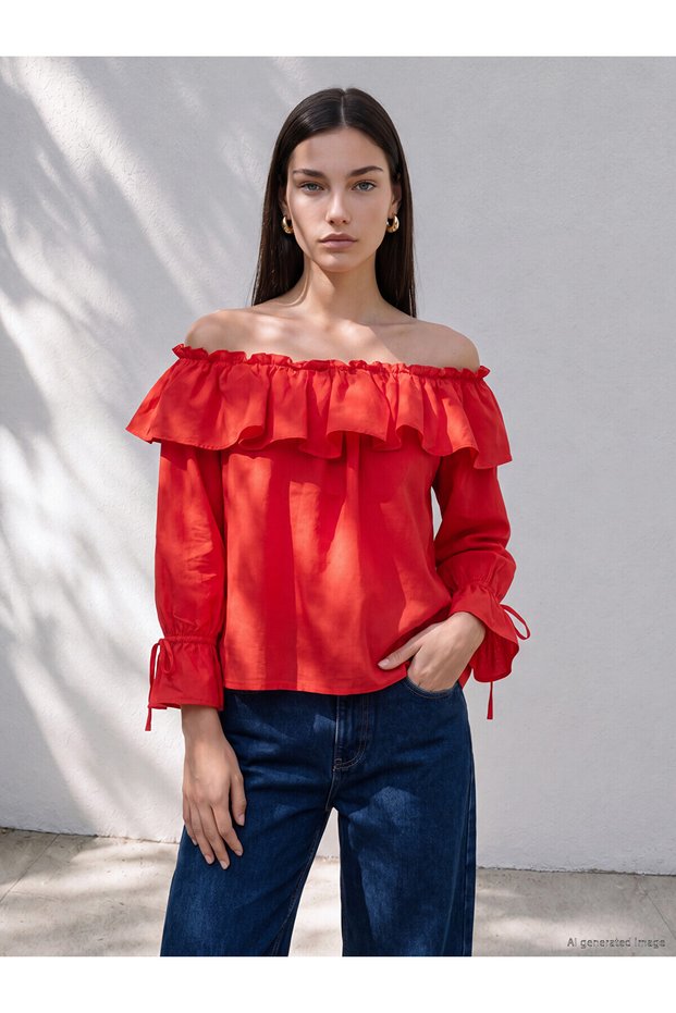 Alita City Farkıyla Soulife Red Straight Boat Neck Long Sleeve Women's Blouse
