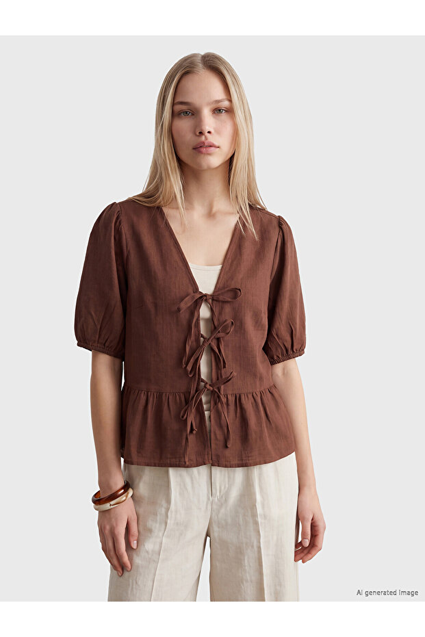 Alita City with a Difference Lcw Vision Brown Plain V-Neck Short Sleeve Women's Blouse