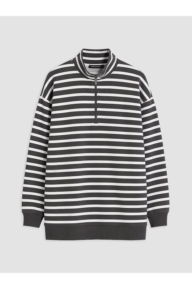 Nevavm Farkıyla Lcw Modest Gray 3 Thread Striped Loose & Baggy Women's Sweatshirt Tunic