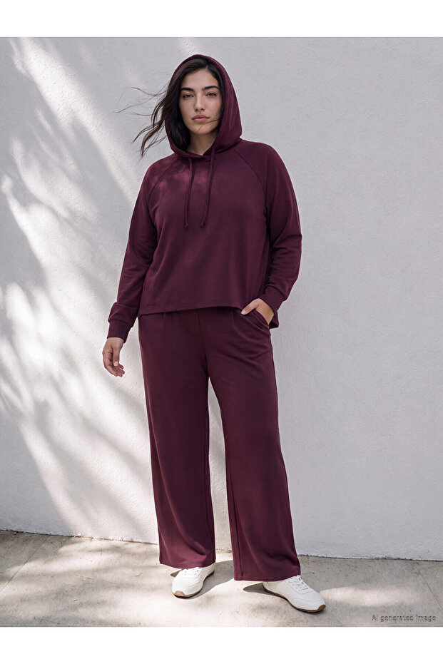 Two Mt Shop Quality Lcw Petite Burgundy Interlock Plain Loose & Baggy Women's Sweatpants