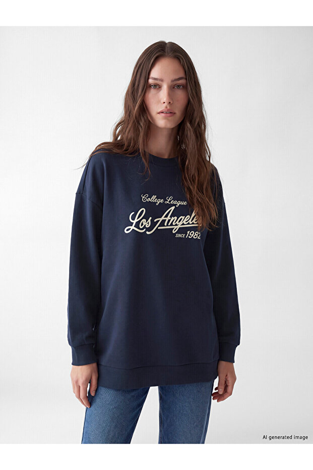 Two Mt Shop Quality Lcw Modest Navy Blue 3 Thread Raster Printed Comfortable & Relaxing Women's Sweatshirt Tun