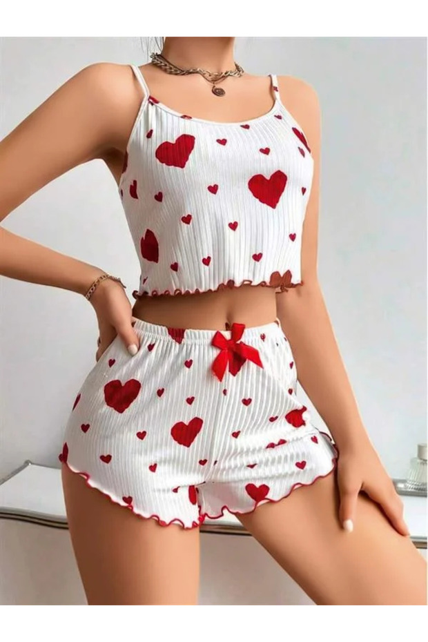 Cotton White Top with Red Patterned Straps and Shorts Pajama Set
